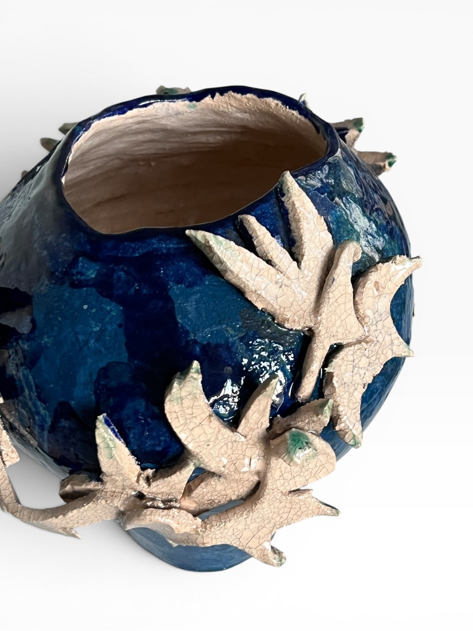 Handmade Ceramic Vase "Burning Heart" (24x22x22 cm) — Deep Blue Glaze, Sculpted Flame Relief, Belgian Chamotte