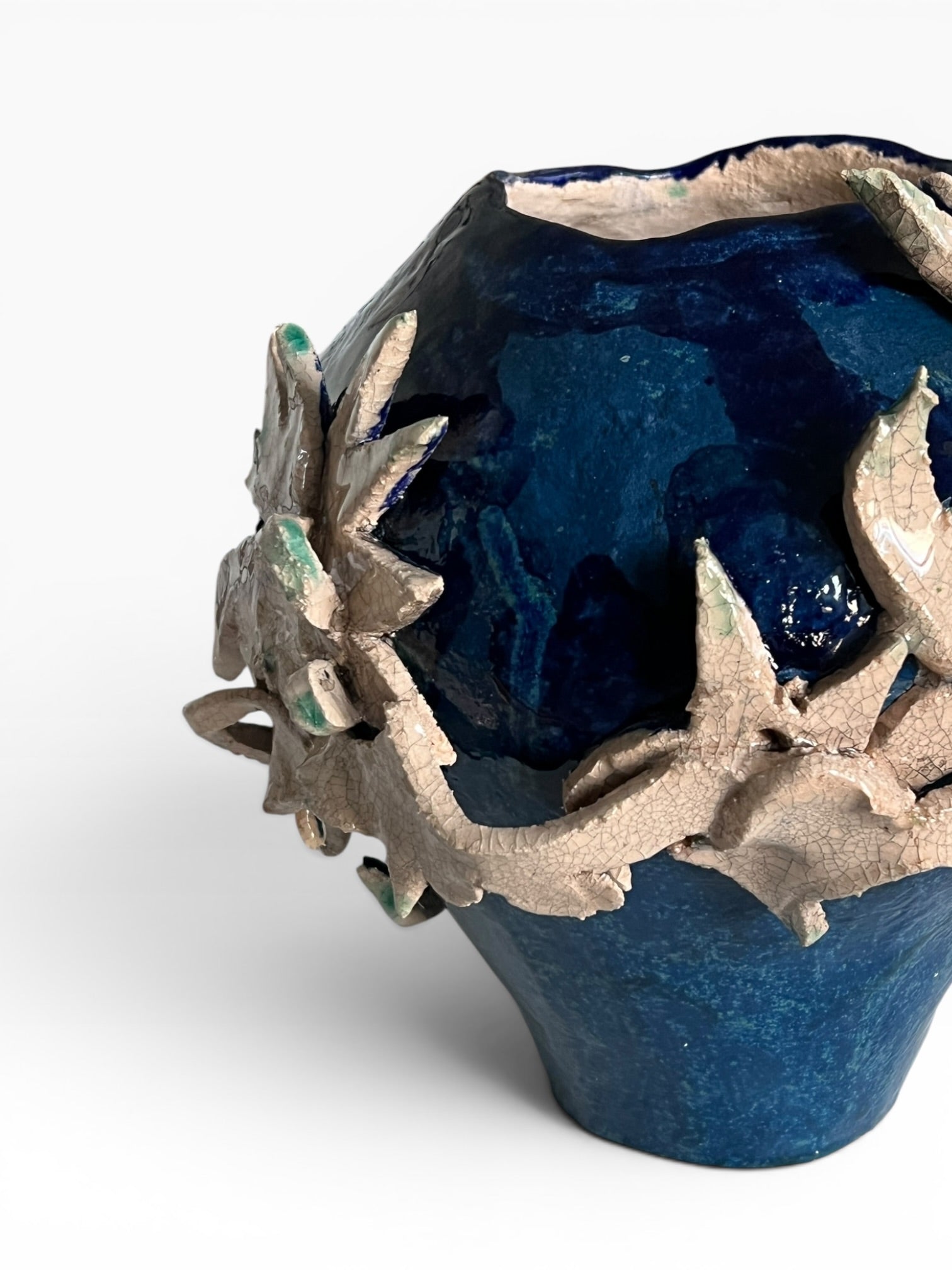Handmade Ceramic Vase "Burning Heart" (24x22x22 cm) — Deep Blue Glaze, Sculpted Flame Relief, Belgian Chamotte