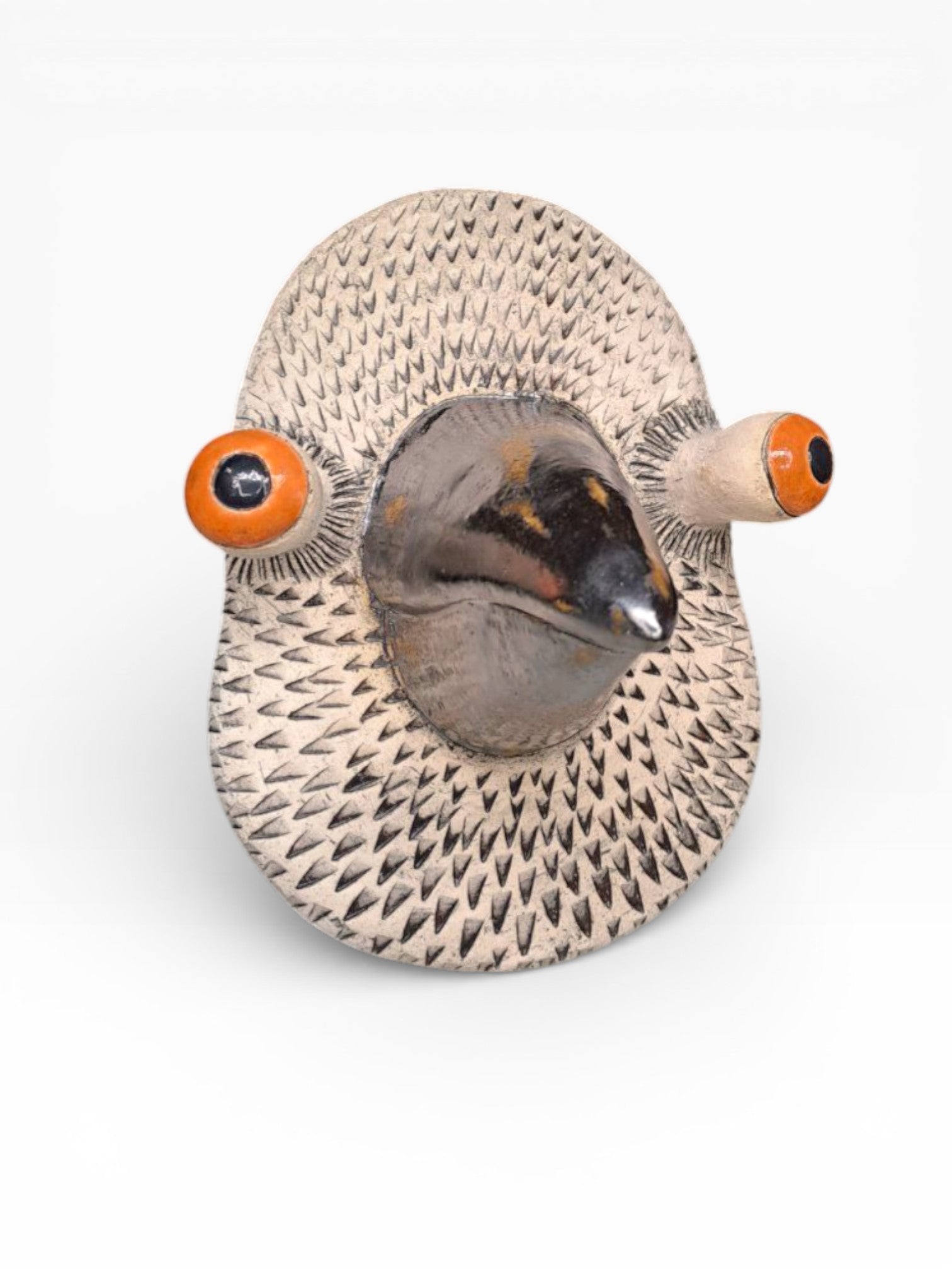 Artisan ceramic wall mask of a pigeon with detailed feather texture, made from Belgian Sibelco stoneware and German Terra Color glazes.